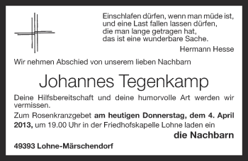 Anzeige von Johannes Tegenkamp von OM-Medien